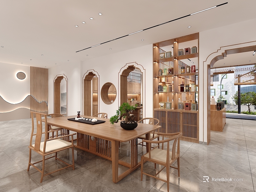 Elegant Modern Tea Room Interior With Wooden Dining Table Chairs Arched Doorways And Bookshelf 3d model 
