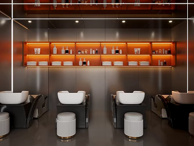 Modern Luxury Beauty Hair Salon Wash Area With Neat Product Shelves And Professional Haircare Stations 3d model