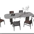 Modern Dining Table Set With Marble Top Leather Chairs Black Frame And Vase With Greenery 3d model
