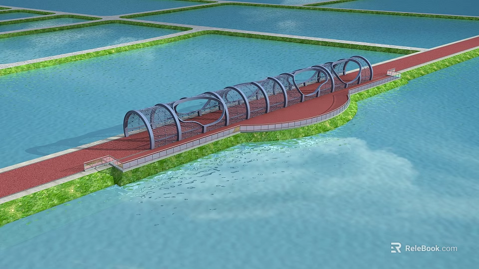 Waterfront Garden Ornament Featuring Red Pathway Arched Structures And Green Edges 3d model 