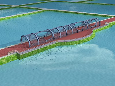 Waterfront Garden Ornament Featuring Red Pathway Arched Structures And Green Edges 3d model