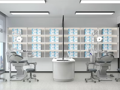 Modern Bright Dental Clinic Interior Featuring Treatment Chairs Medicine Cabinets And White Storage Units 3d model