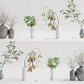 Stylish Collection of Various Vases with Green Leaves Hanging Blooms and Dried Branches