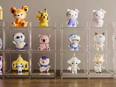 Various Cartoon Character Decorative Figurine Set On Transparent Multi Tier Display Shelves 3d model