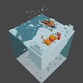 Cartoon Animated Arctic Scene With Orange Tugboat Icebergs Seagulls Buildings And Icy Ocean
