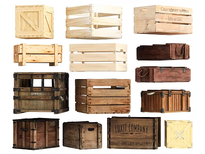 Vintage Wooden Crates With Various Designs Different Colors And Rustic Styles 3d model
