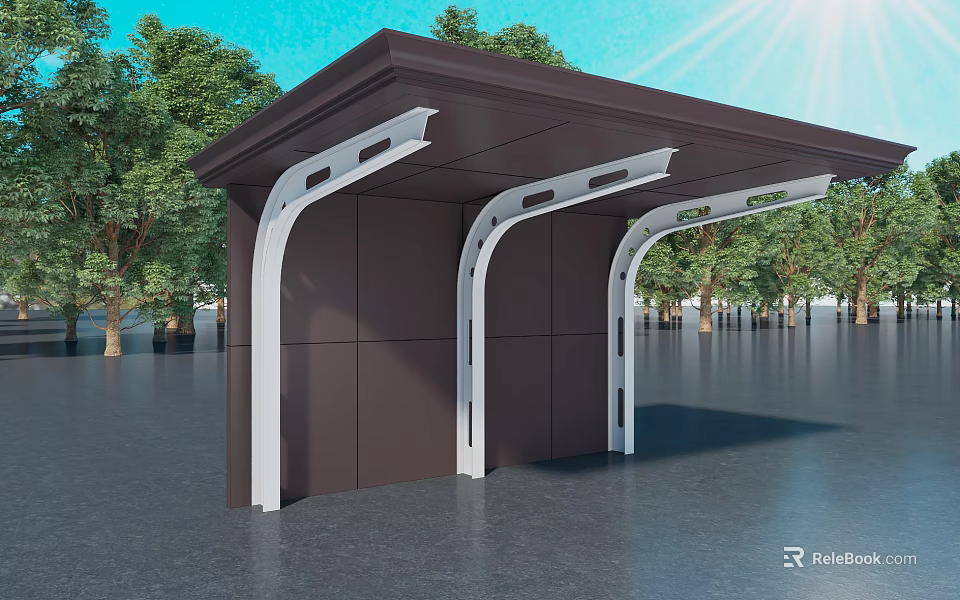 Brown Outdoor Canopy With White Supports Under Sunny Blue Sky And Trees 3d model 