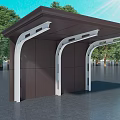 Brown Outdoor Canopy With White Supports Under Sunny Blue Sky And Trees