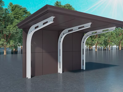 Brown Outdoor Canopy With White Supports Under Sunny Blue Sky And Trees 3d model