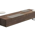 Rustic Wooden Bench With Gray Seat Cushions And Round Side Tables