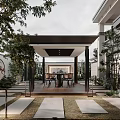 Modern Courtyard Garden Design With Covered Pavilion Green Plants Bonsai Tree And Stone Pavement