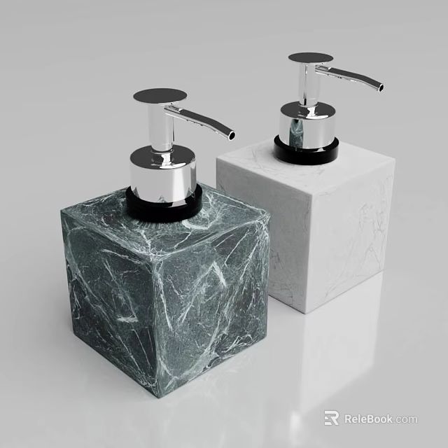 Stylish Bathroom Accessories With Square Marble Soap Dispensers And Silver Pumps 3d model 