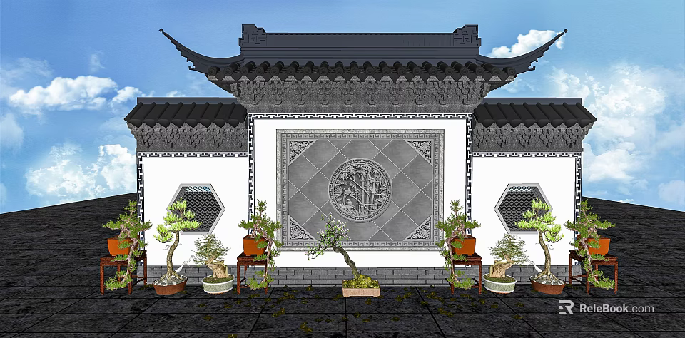 Traditional Chinese Garden Wall With Carved Relief Decorative Border And Potted Plants 3d model 