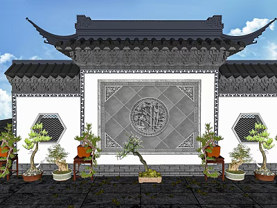 Traditional Chinese Garden Wall With Carved Relief Decorative Border And Potted Plants 3d model