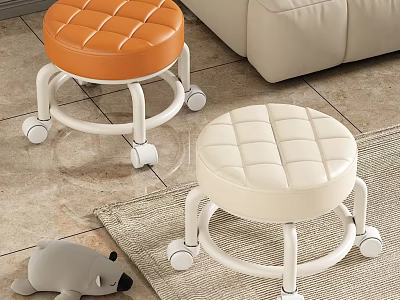 Orange and Beige Quilted Leather Stools With Rolling Wheels In Living Room Area 3d model