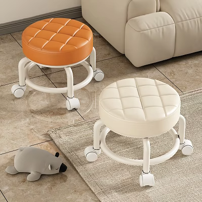 Orange and Beige Quilted Leather Stools With Rolling Wheels In Living Room Area 3d model