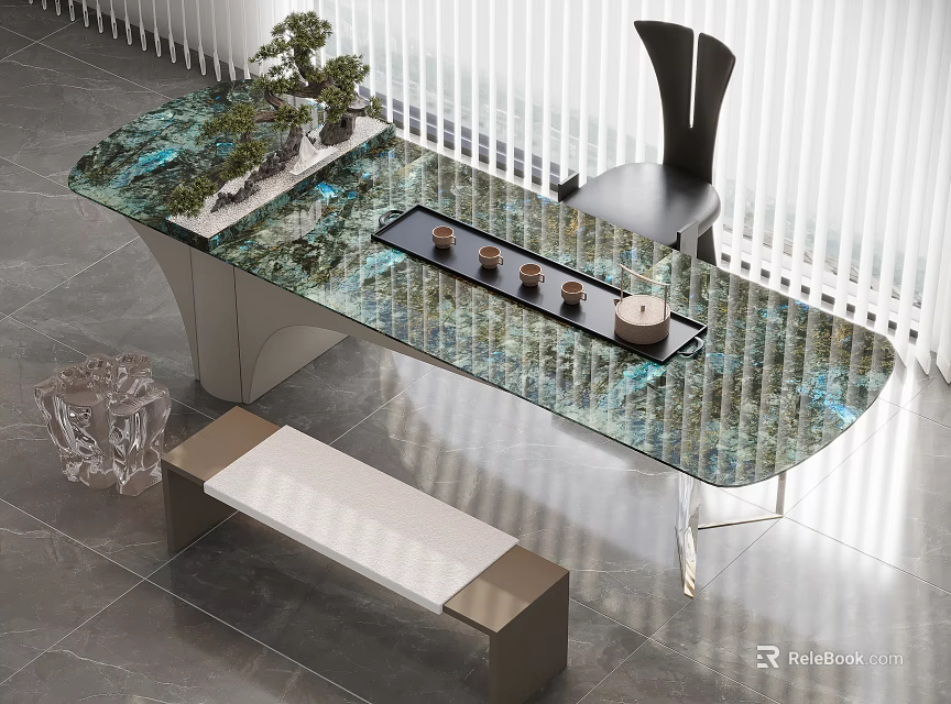 Modern Tea Table With Green Texture Top Black Chair Bench Bonsai And Tea Set 3d model 