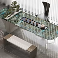 Modern Tea Table With Green Texture Top Black Chair Bench Bonsai And Tea Set