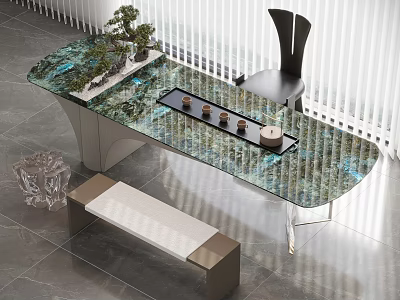 Modern Tea Table With Green Texture Top Black Chair Bench Bonsai And Tea Set 3d model