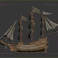 Vintage Sailing Ship Model With Wooden Hull And Multiple Canvas Sails