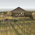 Rural Landscape With Golden Rice Fields Thatched Huts And Wooden Platform Under Cloudy Sky