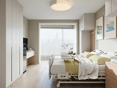 Modern Bedroom Interior With Bed Wardrobe Window Ceiling Light And Decorative Paintings 3d model