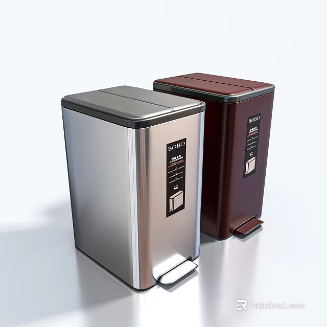 Public Facilities Stainless Steel Pedal Operated Labeled Trash Bins in Silver and Maroon 3d model 