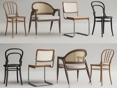 Various Design Leisure Accent Chairs With Rattan Details Wooden Frames And Metal Legs 3d model