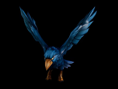 Detailed Blue Bird With Spread Wings And Yellow Beak On Black Background 3d model