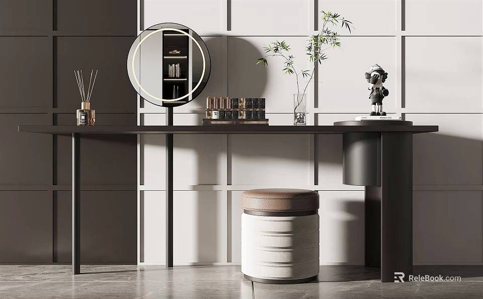 Modern Minimalist Dressing Table Featuring Round Mirror Cosmetics Potted Plant and Stool 3d model