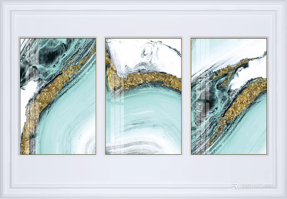 Abstract Paintings Triptych With Turquoise White Black Gold Marble Texture And Fluid Effect 3d model