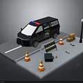 Police Van On Road Scene With Traffic Cones Barricade Street Lamp And Boxes