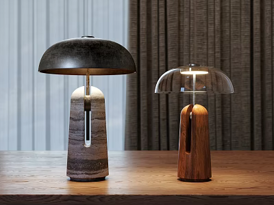 Table Lamps With Stone And Wooden Bases Dark And Transparent Glass Shades On Wooden Table 3d model