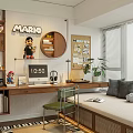 Cozy Study Room with Mario Decor Circular Shelf Bookshelves Computer Desk Lamp and Potted Plant
