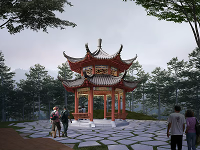 Traditional Chinese style Pavilion Surrounded by Green Trees With People Walking On Stone Pavement 3d model