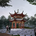 Traditional Chinese style Pavilion Surrounded by Green Trees With People Walking On Stone Pavement