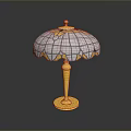 Elegant Vintage Table Lamp With Stained Glass Shade Gold Base And Yellow White Geometric Patterns
