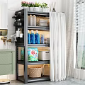 Modern White Multilayer Bathroom Storage Rack For Organizing Various Laundry Cleaning Supplies With Dustproof Curtain
