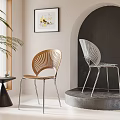 Wooden and Metal Leisure Chairs with Fan-shaped Backrest Indoor Side Table Plant Window