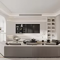 Elegant Bright Light Luxury Living Room With Comfortable Sofa Wall Mounted TV And Soft Lighting