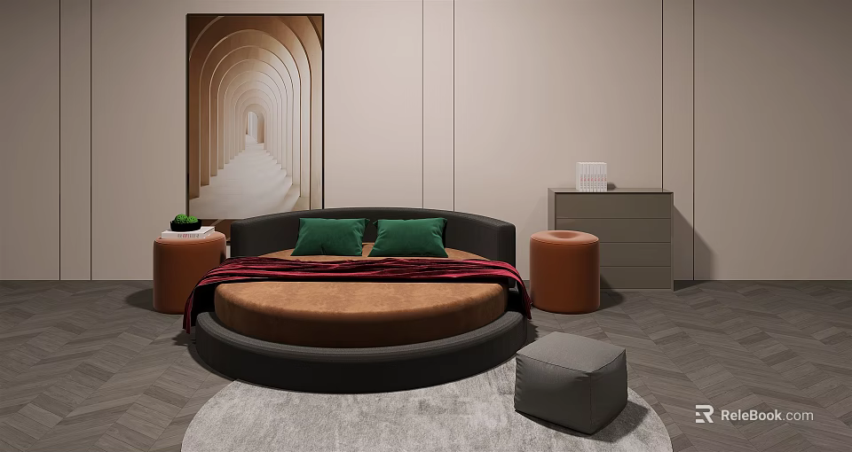 Modern Round Bed Bedroom With Green Pillows Red Blanket Orange Stools And Arched Art 3d model 