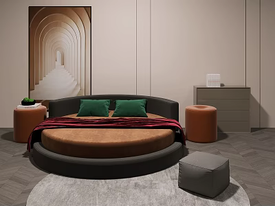 Modern Round Bed Bedroom With Green Pillows Red Blanket Orange Stools And Arched Art 3d model