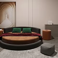 Modern Round Bed Bedroom With Green Pillows Red Blanket Orange Stools And Arched Art