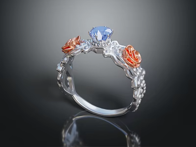 Silver Ring Featuring Blue Gemstone And Orange Floral Accents On Delicate Band 3d model