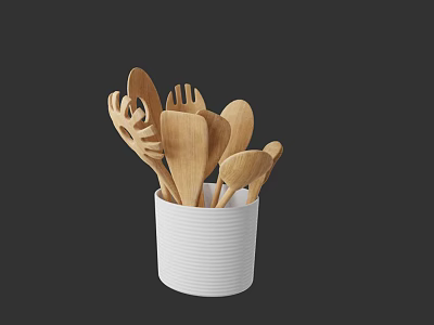 Wooden Kitchen Utensils In White Container With Spoons Forks And Spatulas 3d model