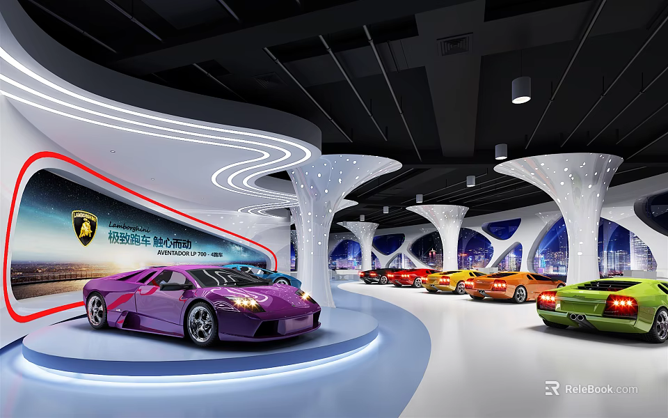 Modern Lamborghini Showroom With Multiple Colored Sports Cars And Curved White Pillars 3d model 