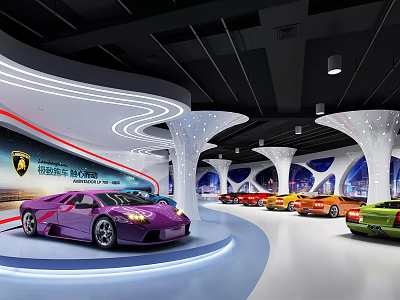 Modern Lamborghini Showroom With Multiple Colored Sports Cars And Curved White Pillars 3d model
