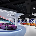 Modern Lamborghini Showroom With Multiple Colored Sports Cars And Curved White Pillars