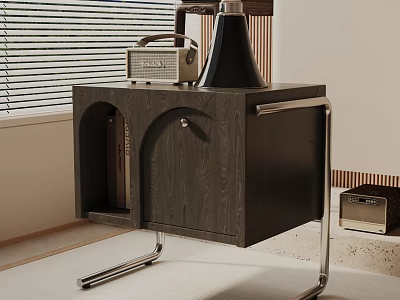 Dark Wood Grain Side Table With Chrome Metal Legs Radio Lamp And Books 3d model