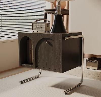 Dark Wood Grain Side Table With Chrome Metal Legs Radio Lamp And Books 3d model
